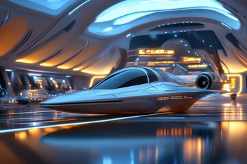 A futuristic sleek vehicle resting inside a modern terminal space
