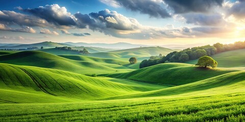 Obraz premium Serene Green Field Rolling Hills Landscape - Peaceful Nature Scenery Stock Photo
