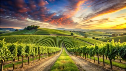 Fototapeta premium A serene landscape of a vineyard in a rural area with rolling hills and lush greenery, showcasing grapevines stretching towards the sky , vineyard, rolling hills