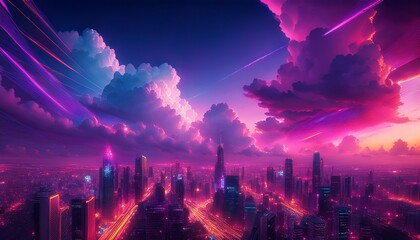 Obraz premium The skyline shimmers under the neon lights. 