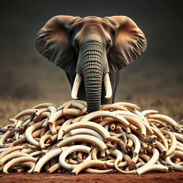 An elephant stands proudly over a large pile of ivory tusks, symbolizing the tragic impact of poaching and the need for conservation efforts to protect these magnificent creatures. The image serves as