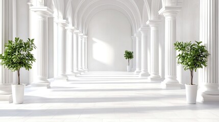 Fototapeta premium Serene Interior Space with White Archways and Potted Green Plants