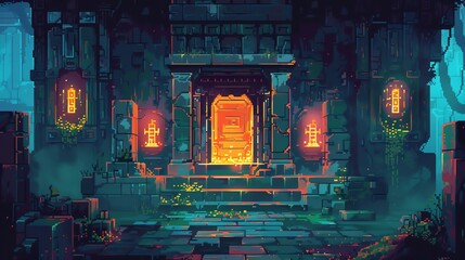 Obraz premium Pixel art of a temple entrance in a jungle.