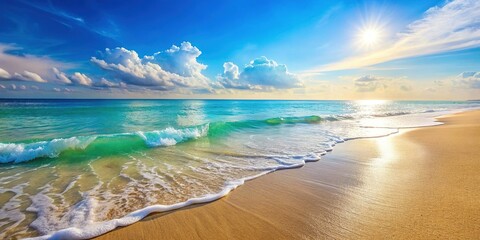 Serene Sunny Beach: Gentle Waves Lap Calm Shore, Idyllic Seascape