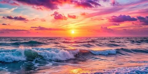 Fototapeta premium Serene Sunrise: Pink Sky, Ocean Waves, Coastal Beauty