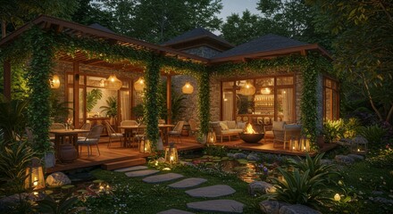 Obraz premium A cozy, nature-integrated home with warm lighting and lush greenery.