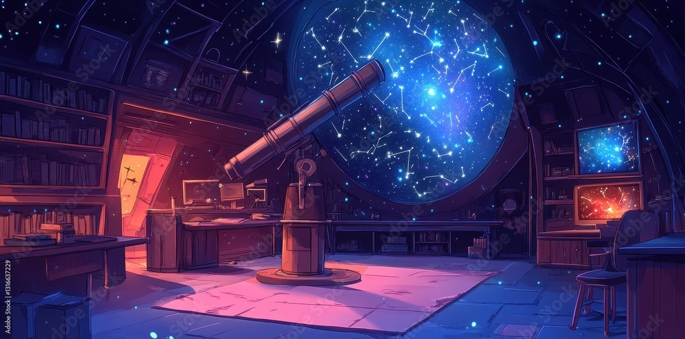 Poster an astronomical observatory with a large telescope and starry view