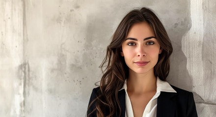 Fototapeta premium A confident, smart woman looking at the camera with a relaxed expression, with space for text.