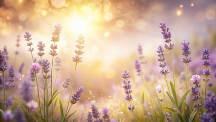 Obraz premium Serene Sunrise Illuminating a Lavender Field with Gentle Golden Light and Delicate Blossoms