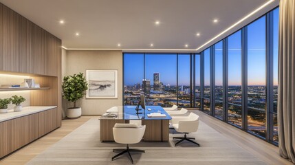Modern corner office with city view at dusk.