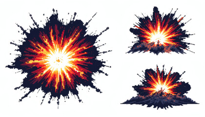 Pixelated 8-bit Sci-Fi Energy Explosion with Digital Shockwaves, Displayed from Multiple Angles on a White Background