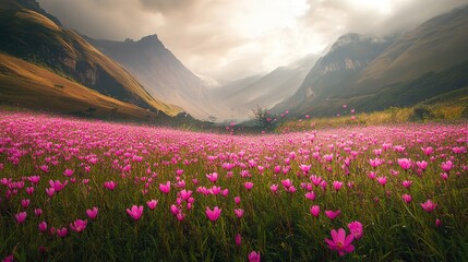 Fototapeta premium Dreamy Valley Landscape Featuring Glowing Pink Flowers Spreading Across the Field, Surrounded by Misty Mountains and Illuminated with Soft Atmospheric Light, Isolated on Transparent Background.