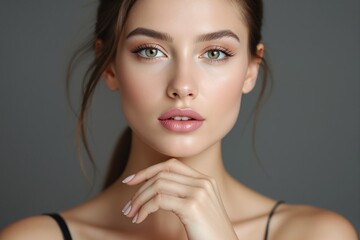 A close-up portrait of a woman with flawless skin, captivating eyes, and soft pink lips, posing elegantly against a neutral background. Ai generative