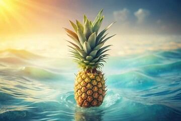 A golden pineapple floats on the blue sea, the sunlight reflects shimmeringly on the gentle waves. Summer vibe