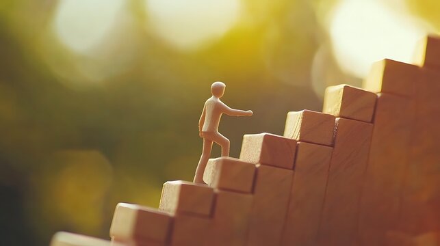 Miniature wooden figure climbing block stairs with hand placing final step for career growth

