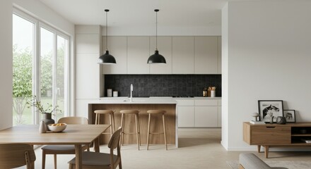 Fototapeta premium Modern kitchen with wooden accents and minimalist design featuring dining area.