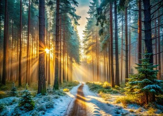 Obraz premium Sunbeams pierce a misty Siberian forest, snow blanketing pine trees in a magical winter wonderland.