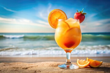Orange and strawberry cocktail in a glass with orange slices for decoration, cool water drop effect, placed on a sandy background with the sea in the distance. Summer vibe