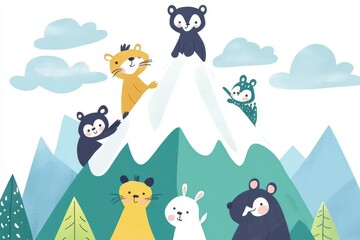 Naklejka premium Cute cartoon animals climbing a mountain peak with cloudy skies in sight