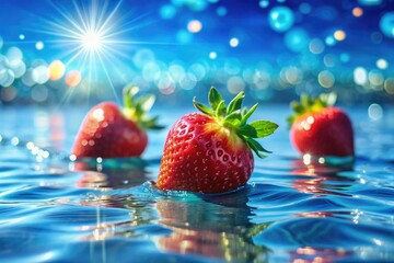 Plump strawberries float on the blue sea, the sunlight reflects shimmeringly on the gentle waves. Summer vibe