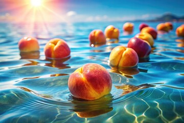 Plump peaches floating on the blue sea, sunlight reflecting shimmeringly on the gentle waves. Summer vibe