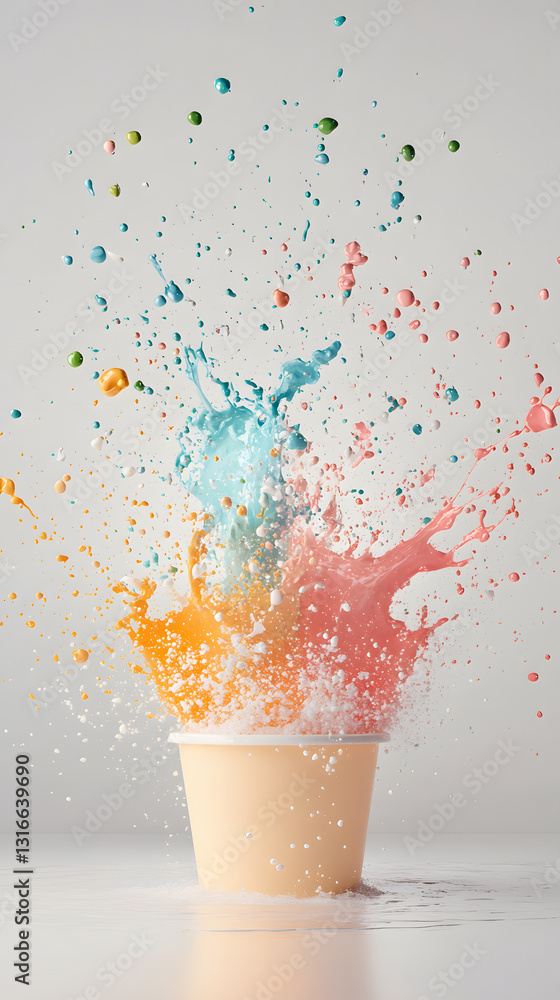 Poster a colorful splash of liquid bursts from a cup, creating an artistic water effect against a light bac