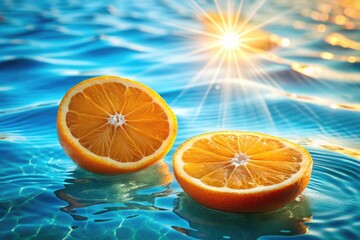 Oranges and orange slices float on the blue sea, sunlight reflecting shimmeringly on the gentle waves. Summer vibe