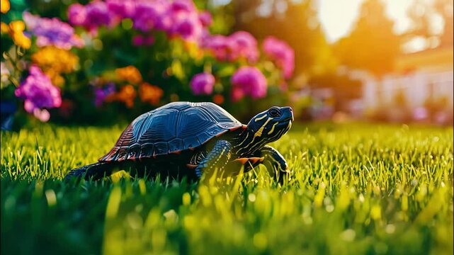 Sunlit Turtle &ndash; Beautiful Turtle in Green Grass Turtle in Nature Photography