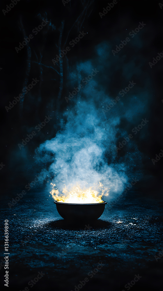Poster a glowing bowl emits smoke in a dark setting, creating an ethereal and mystical atmosphere