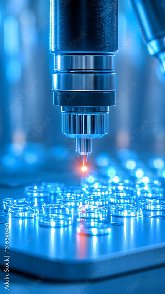 Aufkleber a close-up view of a microscope focusing on illuminated samples with a vibrant blue glow, showcasing
