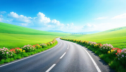 a curved road stretching through a vibrant landscape. On both sides, there are lush green fields with colorful flower beds in shade.