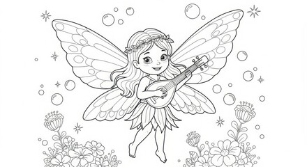 A whimsical fairy playing a ukulele among flowers and bubbles in a coloring book style.