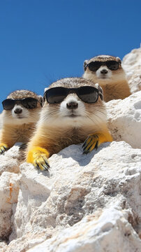 Three cool-looking meerkats wearing sunglasses relax on a rocky surface under a bright blue sky