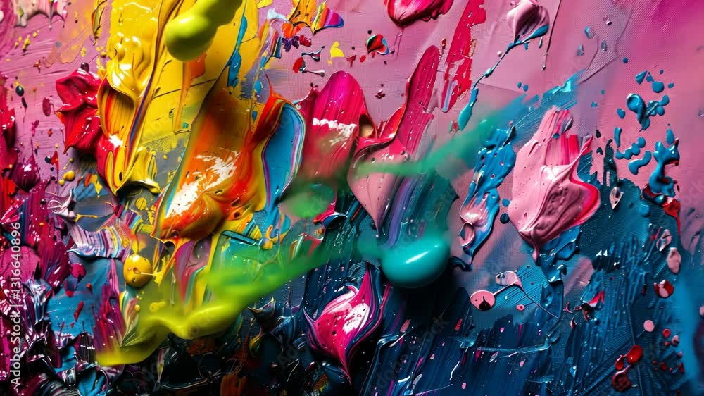 Poster bold, abstract splashes of color with heavy impasto technique, creating a textured masterpiece