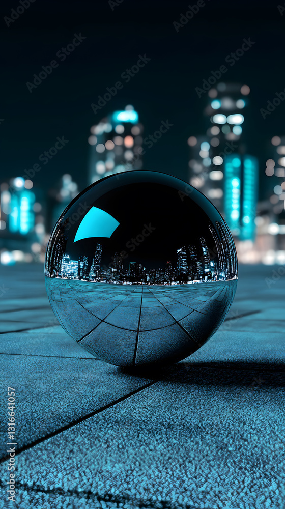 Poster a reflective black sphere sits on a textured surface, mirroring a glowing city skyline in the backgr