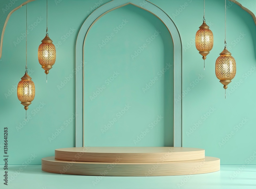 Poster 3d rendering of an empty podium with lanterns hanging on the wall, ramadan islamic concept in a turq