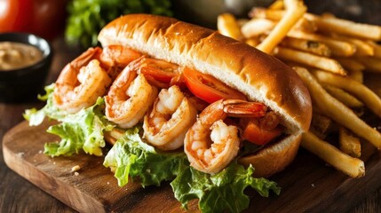 Shrimp Sandwich with Lettuce and Tomato on Wooden Board