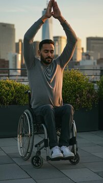 Diverse Man in Wheelchair Practices Rooftop Yoga at Sunrise in New York City, Embracing Wellness and Inclusion