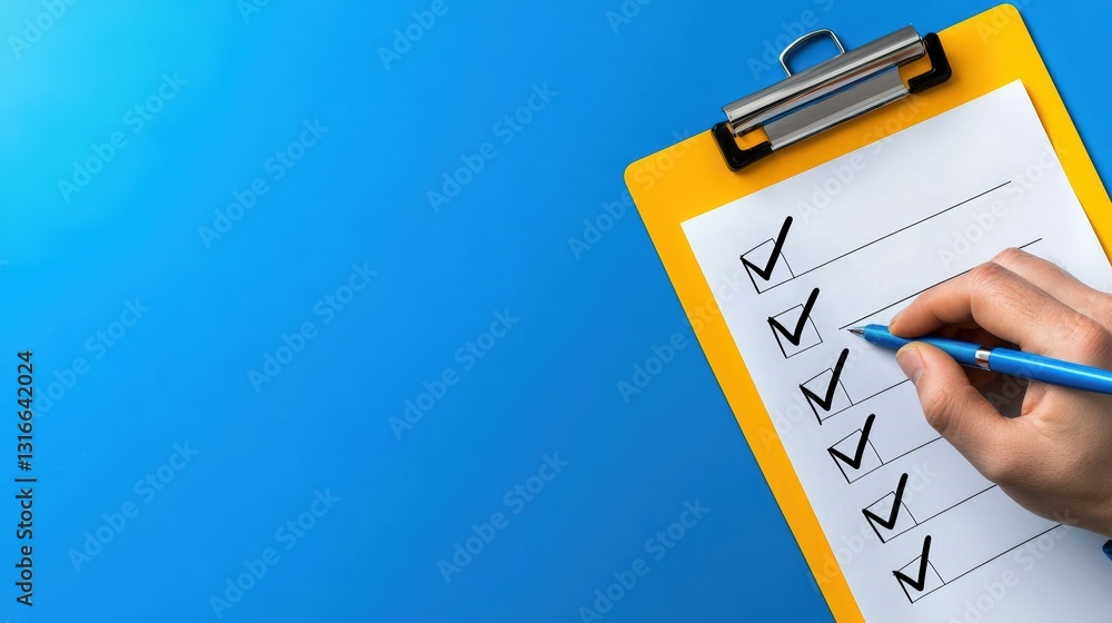 Poster a hand is marking off items on a checklist on a clipboard against a blue background, symbolizing org