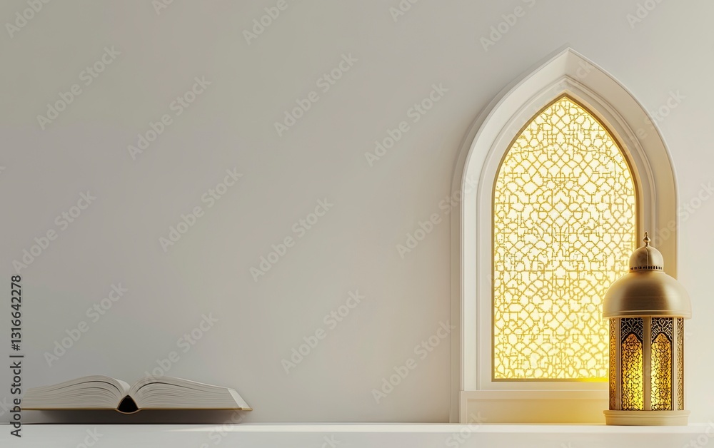 Poster 3d rendering of an islamic background with a lantern and book, in white color, with a simple light y