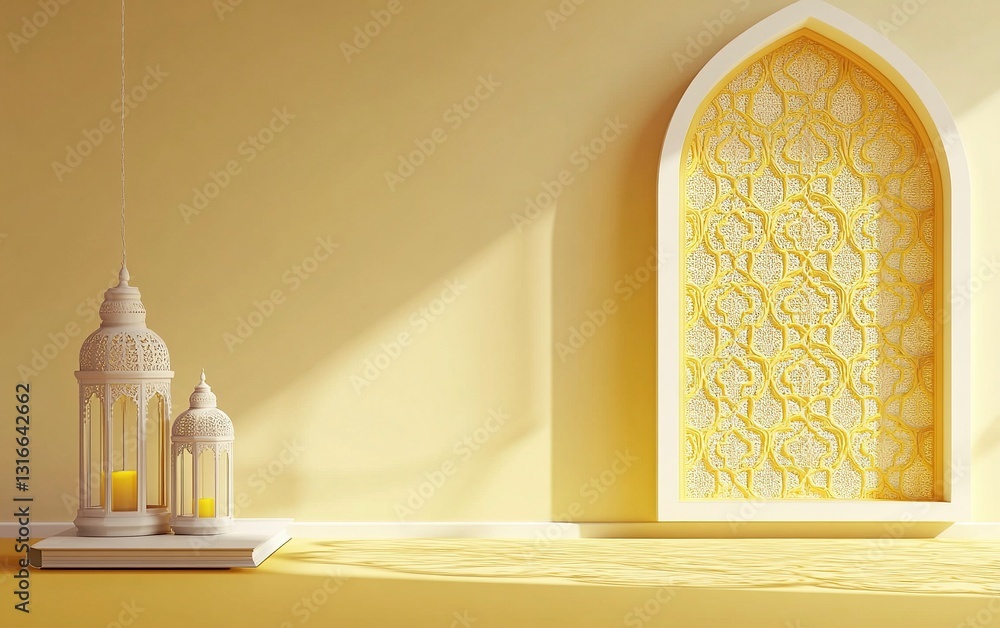 Poster 3d rendering of an islamic background with a lantern and book, in white color, with a simple light y