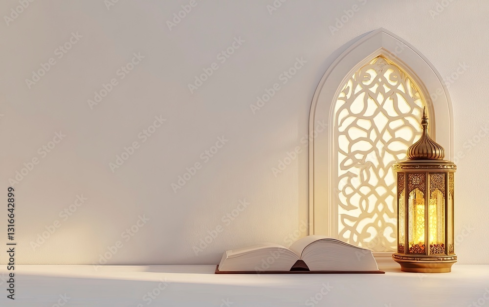 Poster 3d rendering of an islamic background with a lantern and book, in white color, with a simple light y
