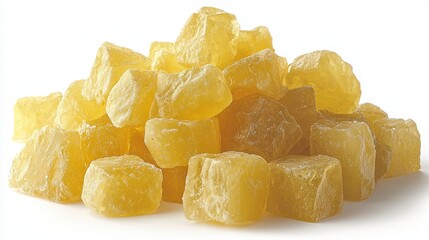 A delightful pile of candied ginger gleams against a stark white canvas, each piece a testament to nature's sweetness and culinary artistry These pale yellow gems, carefully preserved and