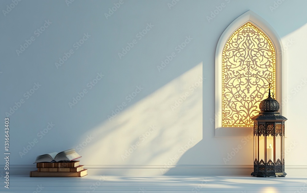 Poster 3d rendering of an islamic background with a lantern and book, in white color, with a simple light y