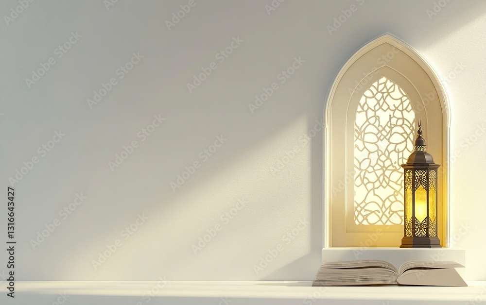 Poster 3d rendering of an islamic background with a lantern and book, in white color, with a simple light y
