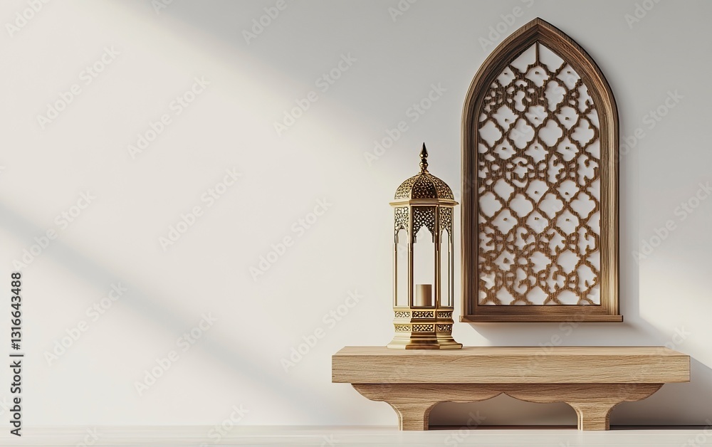 Poster 3d rendering of an islamic background with white space in the center, featuring a lantern and quran 