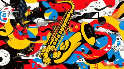 Jazz Melody in Motion, vibrant musical notes intertwining, fluid shapes with bold black outlines, retro pop art style, cool neon color palette, geometric simplicity enhances artistic expression.