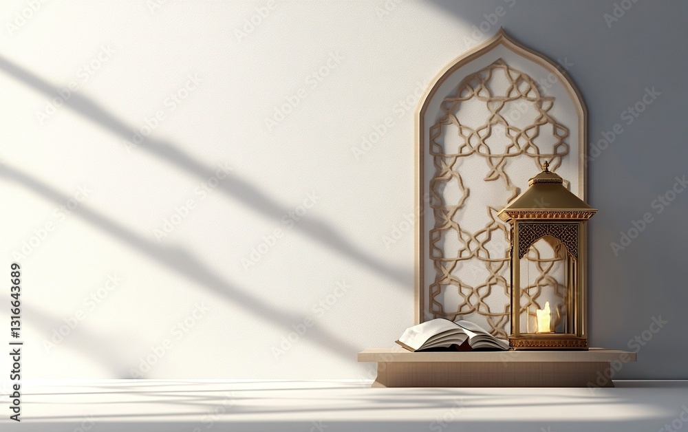 Poster 3d rendering of an islamic background with white space in the center, featuring a lantern and quran 