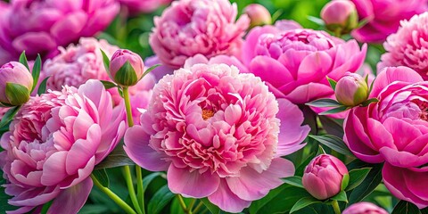 Vivid pink peony blossoms burst forth, a vibrant spring garden captured in stunning photography.