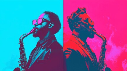 Fototapeta premium Cool Jazz Duo, stylish suits, soft ambient mid-century palette, bold black outlines, simple solid colors, pop art design, clean geometric style, cool neon-lit color palette